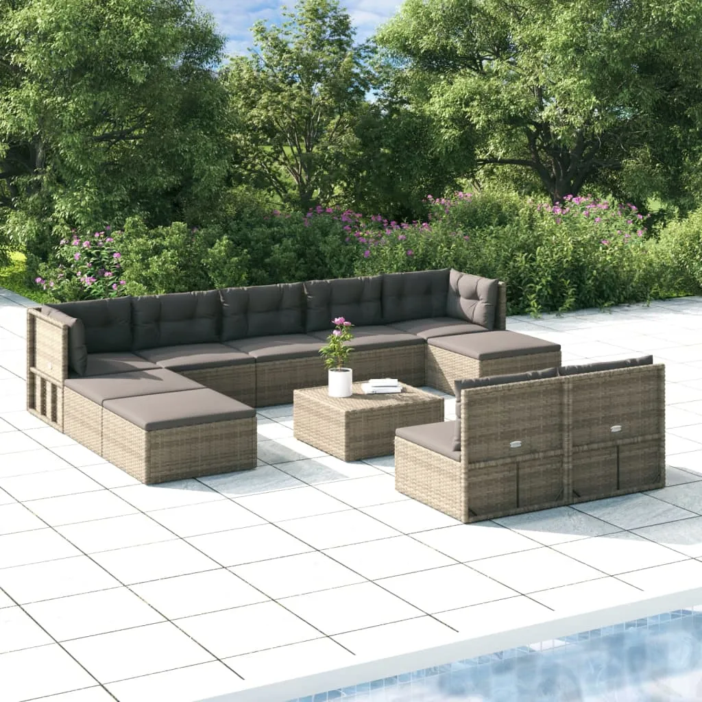 vidaXL Set Divani da Giardino 10 pz con Cuscini in Polyrattan Grigio