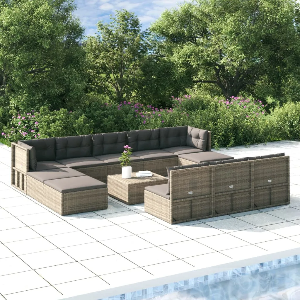 vidaXL Set Divani da Giardino 11 pz con Cuscini in Polyrattan Grigio