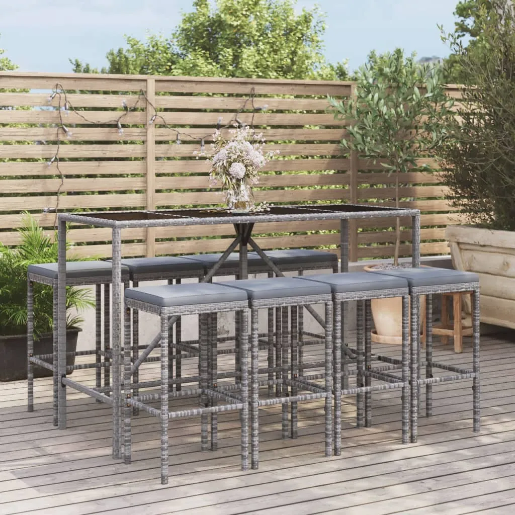 vidaXL Set Bar da Giardino 9 pz con Cuscini in Polyrattan Grigio