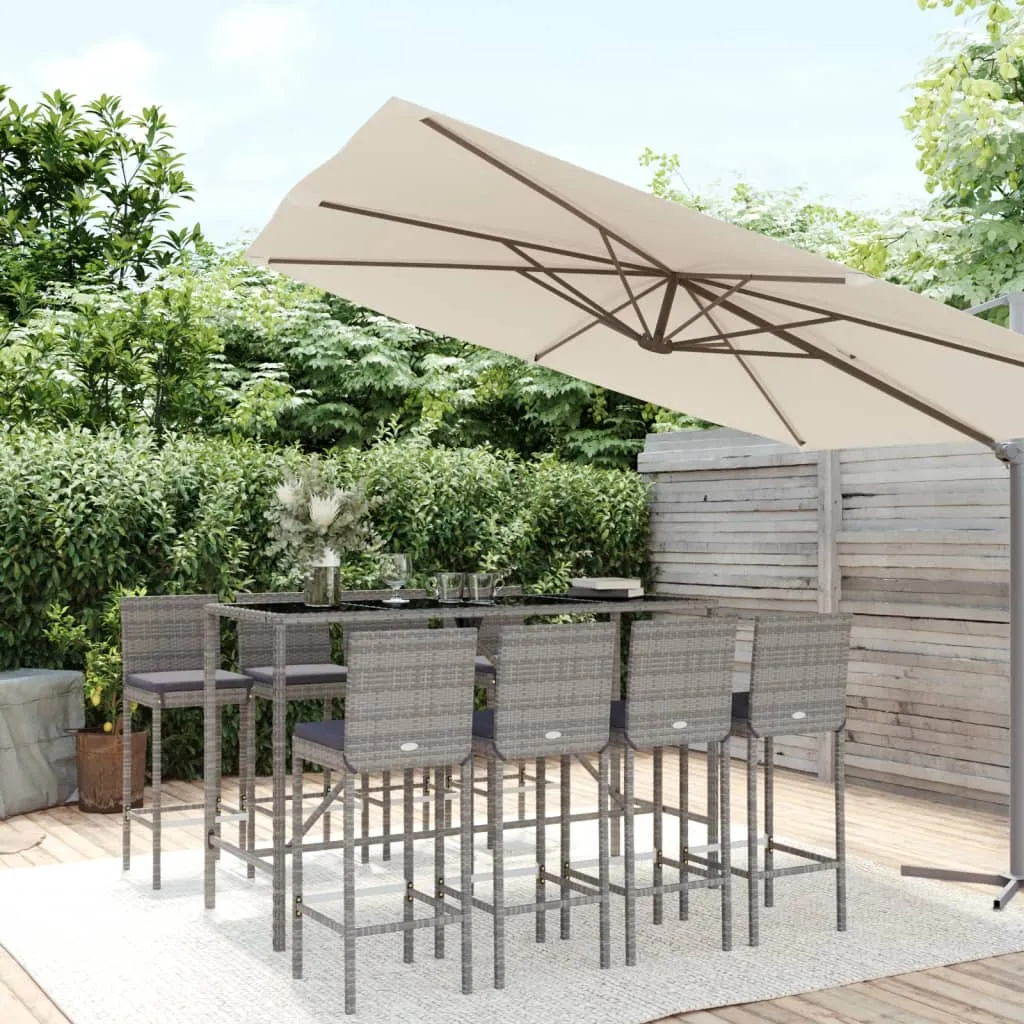 vidaXL Set Bar da Giardino 9 pz con Cuscini in Polyrattan Grigio