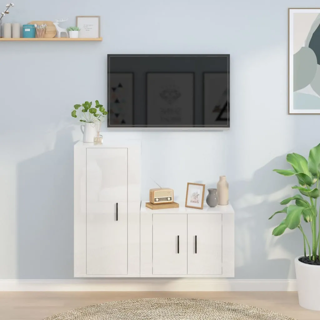 vidaXL Set di Mobili Porta TV 2 pz Bianco Lucido in Legno Multistrato