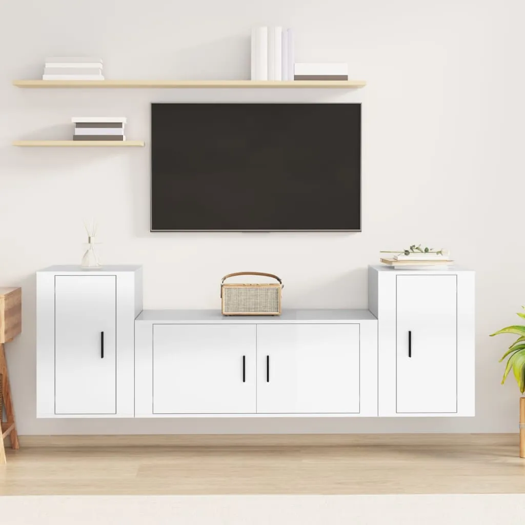 vidaXL Set Mobili Porta TV 3 pz Bianco Lucido in Legno Multistrato