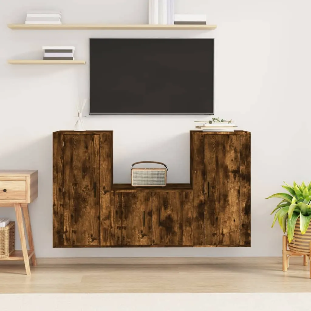 vidaXL Set Mobili Porta TV 3 pz Rovere Fumo in Legno Multistrato