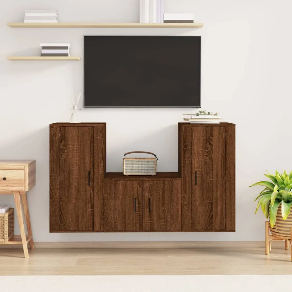 vidaXL Set Mobili Porta TV 3 pz Rovere Marrone in Legno Multistrato