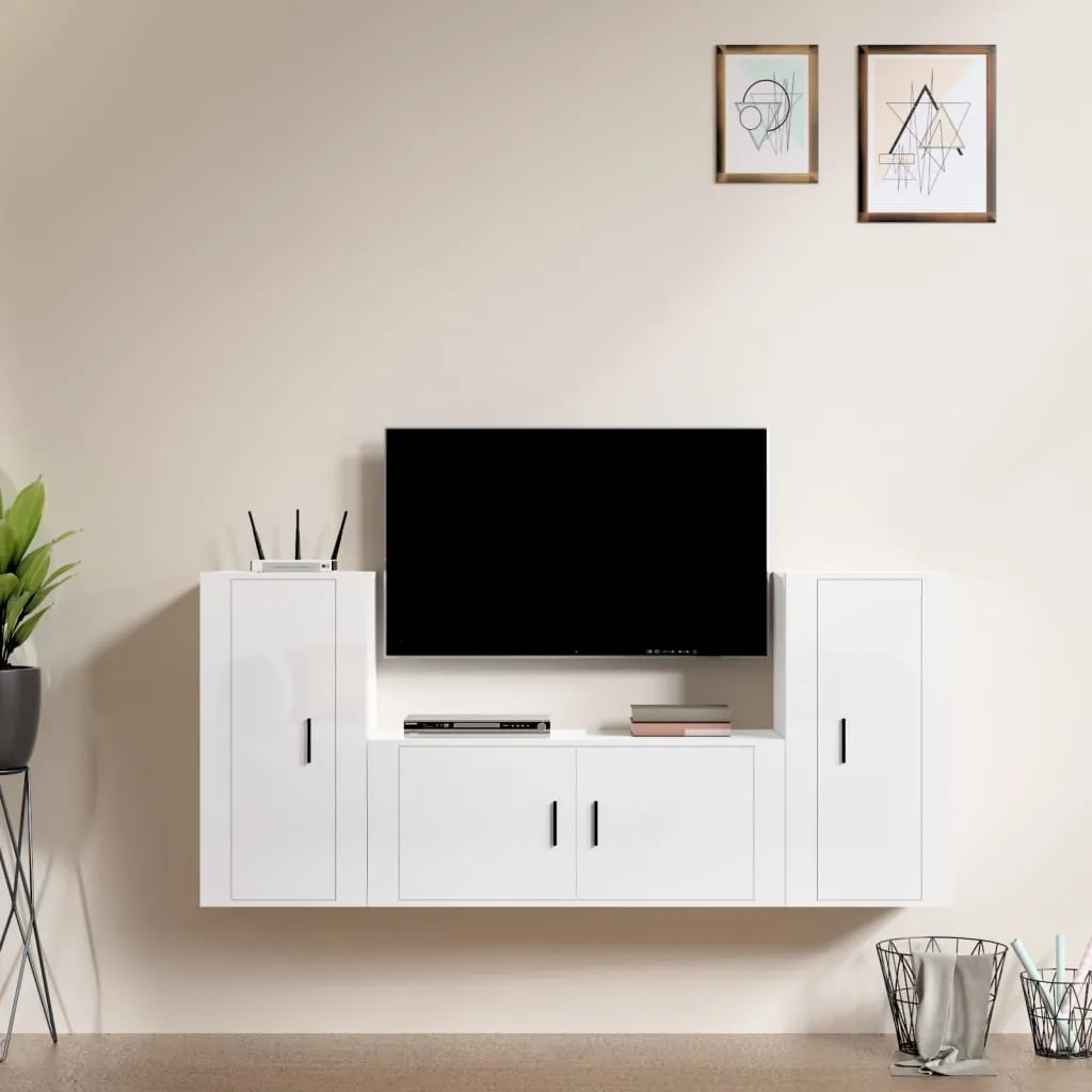 vidaXL Set Mobili Porta TV 3 pz Bianco Lucido in Legno Multistrato