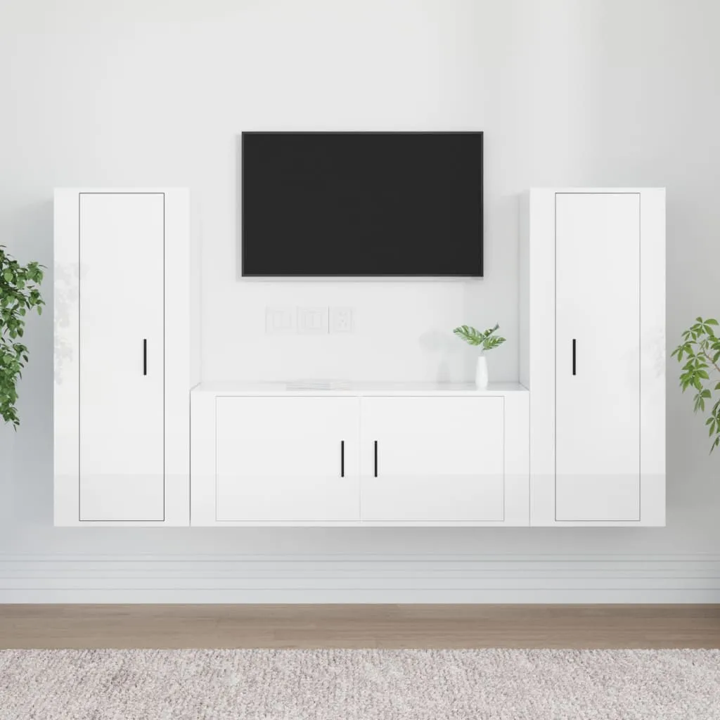 vidaXL Set Mobili Porta TV 3 pz Bianco Lucido in Legno Multistrato