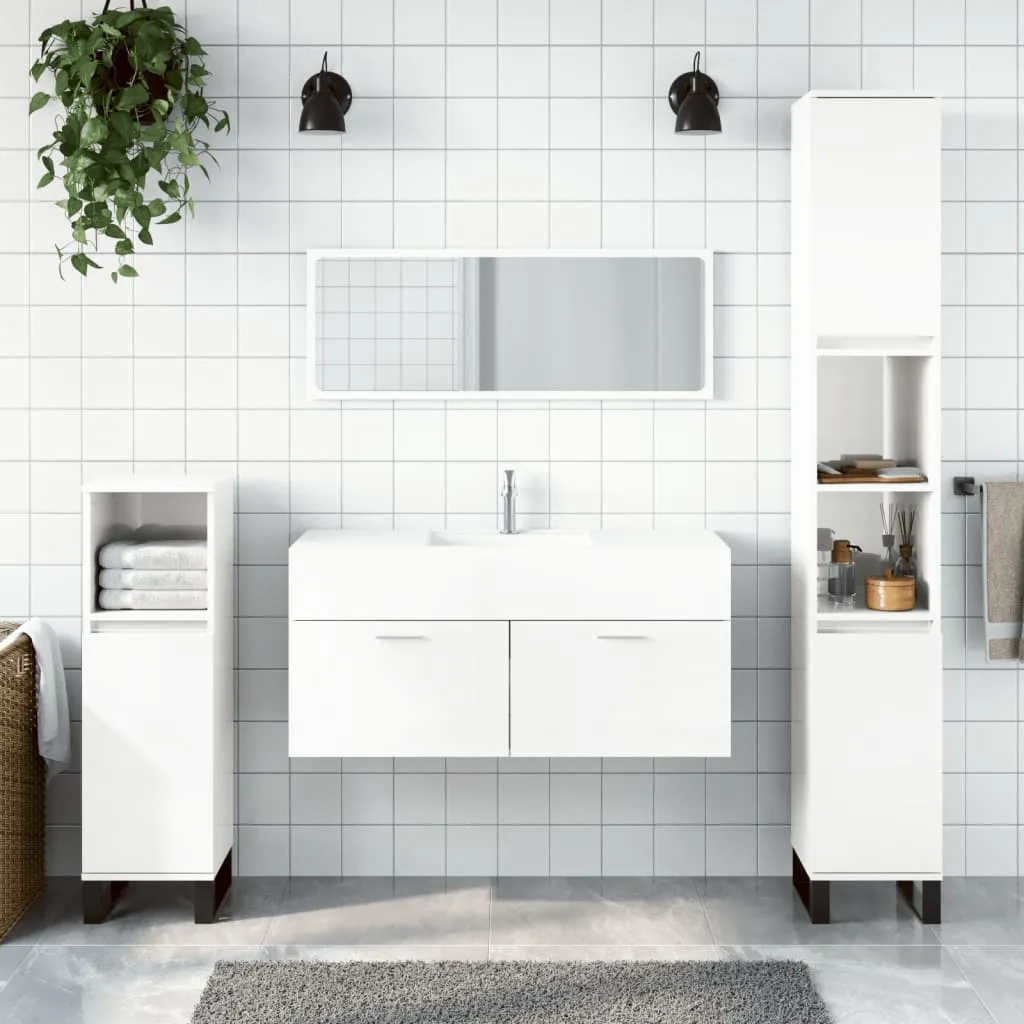 vidaXL Mobile da Bagno con Specchio Bianco Lucido in Legno Multistrato