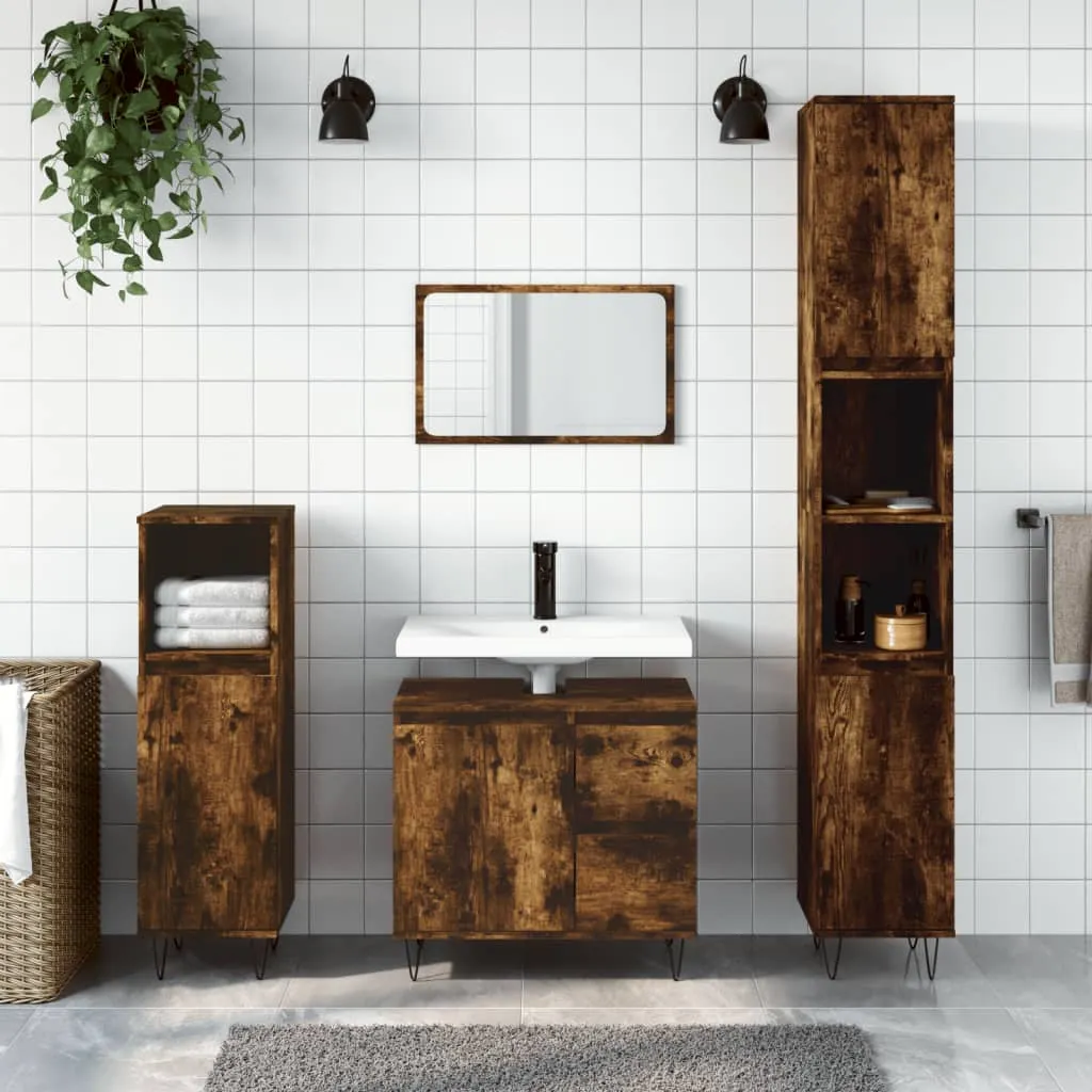 vidaXL Set Mobili da Bagno 3 pz Rovere Fumo in Legno Multistrato