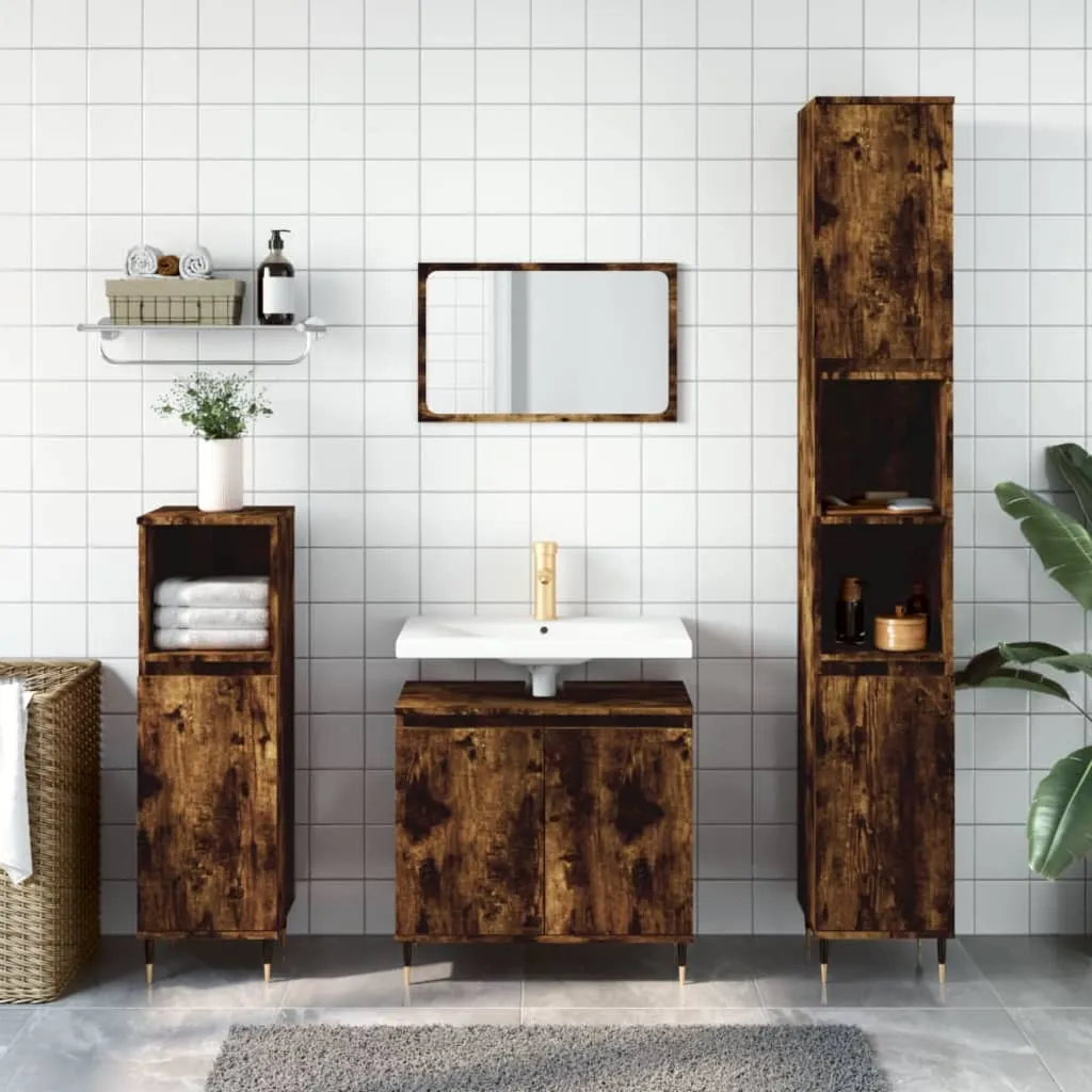 vidaXL Set Mobili da Bagno 3 pz Rovere Fumo in Legno Multistrato