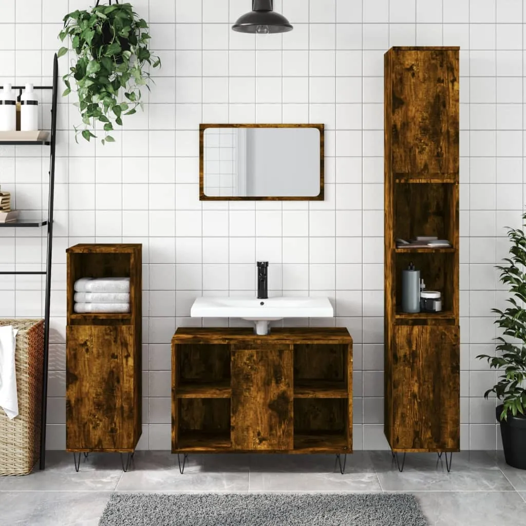 vidaXL Set Mobili da Bagno 3 pz Rovere Fumo in Legno Multistrato