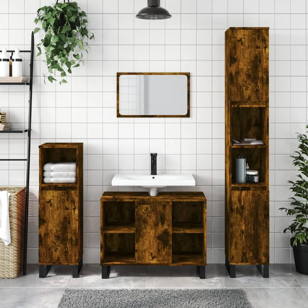 vidaXL Set Mobili da Bagno 3 pz Rovere Fumo in Legno Multistrato