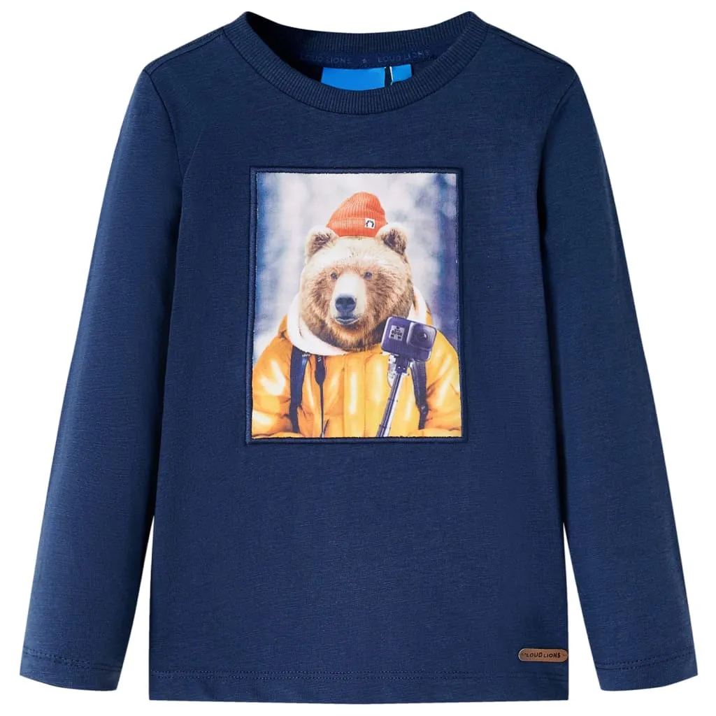 Maglietta da Bambino Maniche Lunghe Stampa Orso Blu Marino Mélange 104