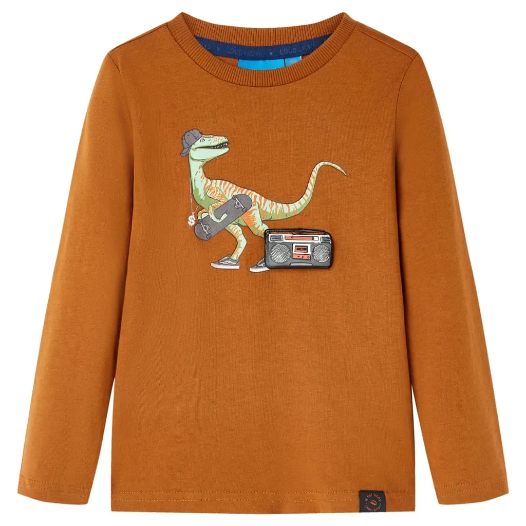 Maglietta da Bambino a Maniche Lunghe con Stampa Dinosauro Cognac 92