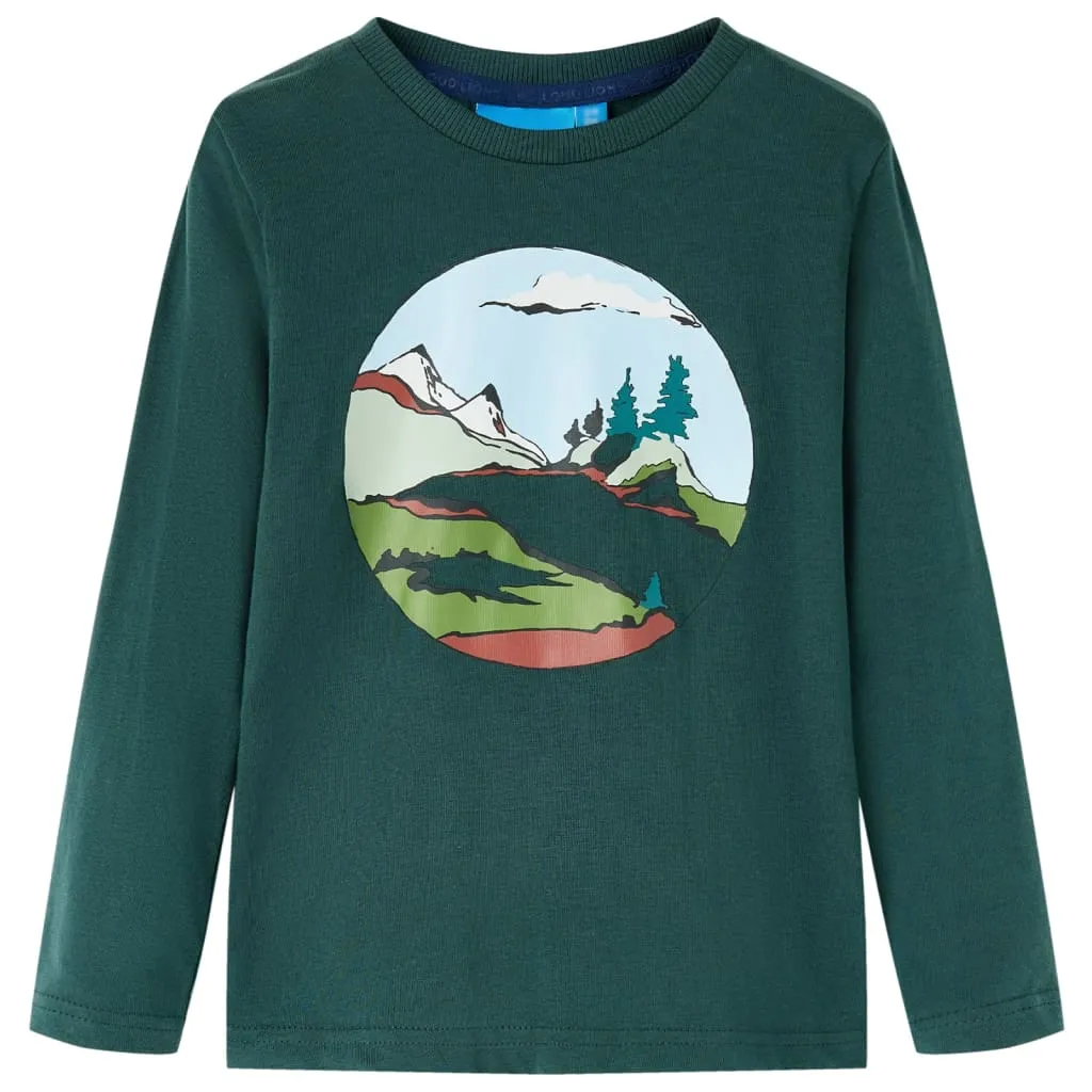 Maglietta da Bambino Maniche Lunghe Montagne e Alberi Verde Scuro 104