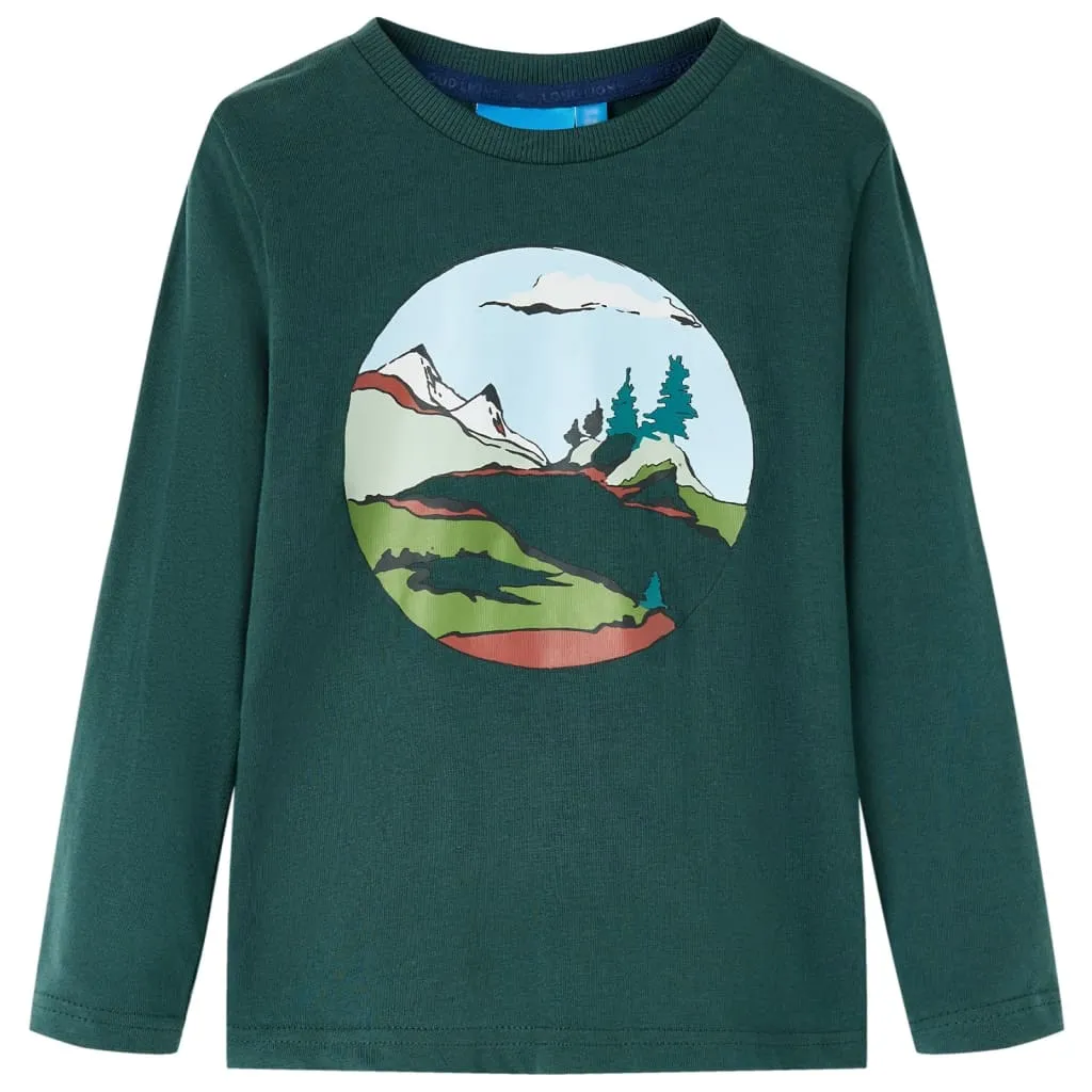 Maglietta da Bambino Maniche Lunghe Montagne e Alberi Verde Scuro 128