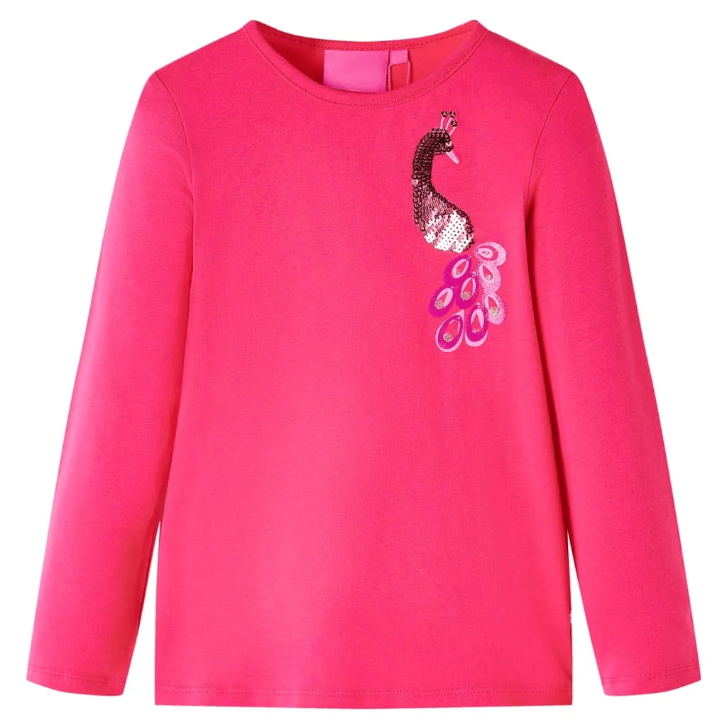 Maglietta Bambini Maniche Lunghe con Design Pavone Rosa Brillante 116