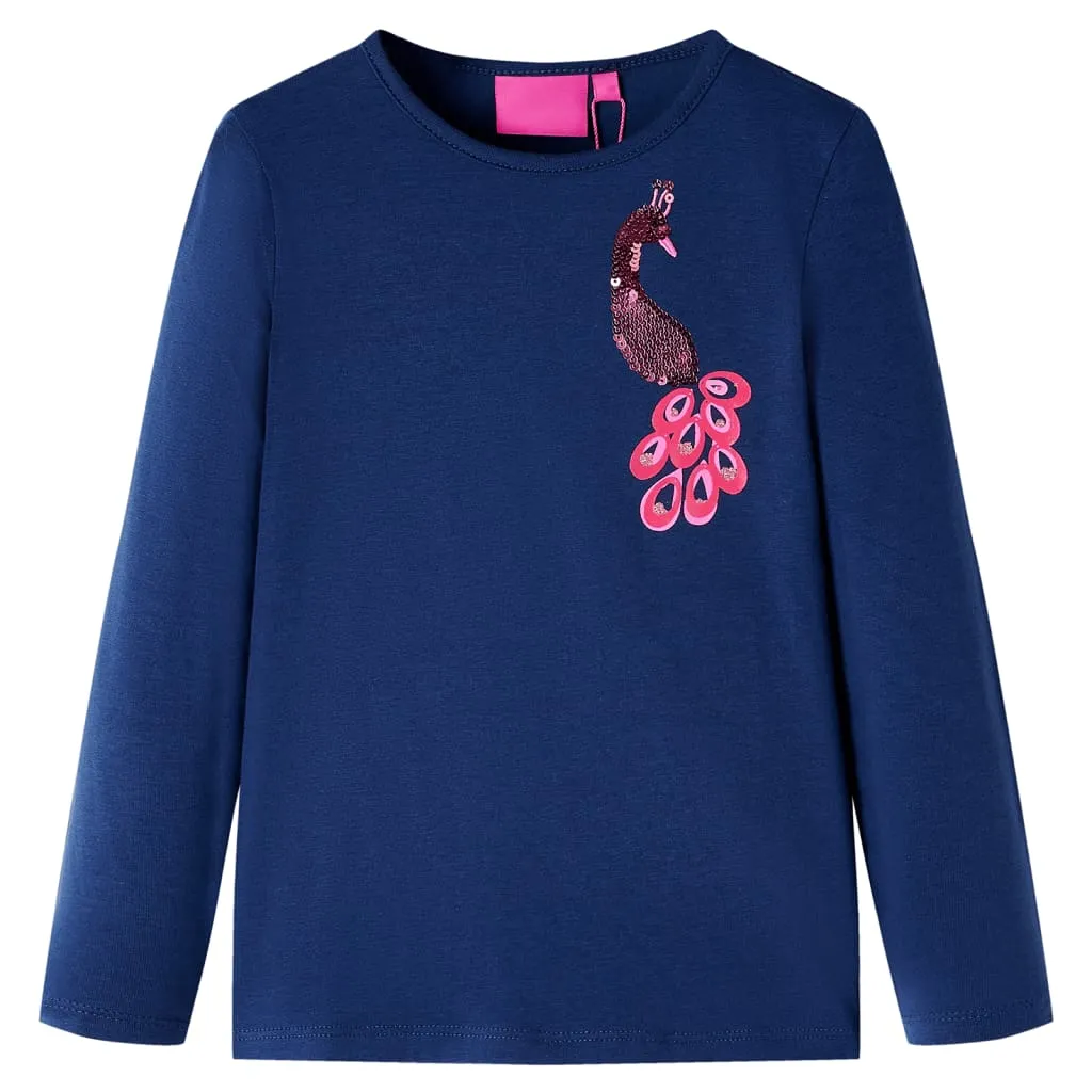 Maglietta per Bambini Maniche Lunghe con Design Pavone Blu Marino 116