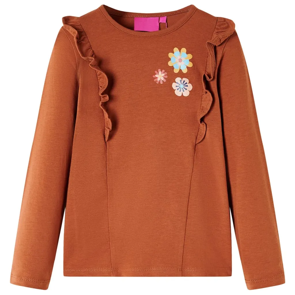 Maglietta da Bambina a Maniche Lunghe con Stampa Fiori Cognac 116