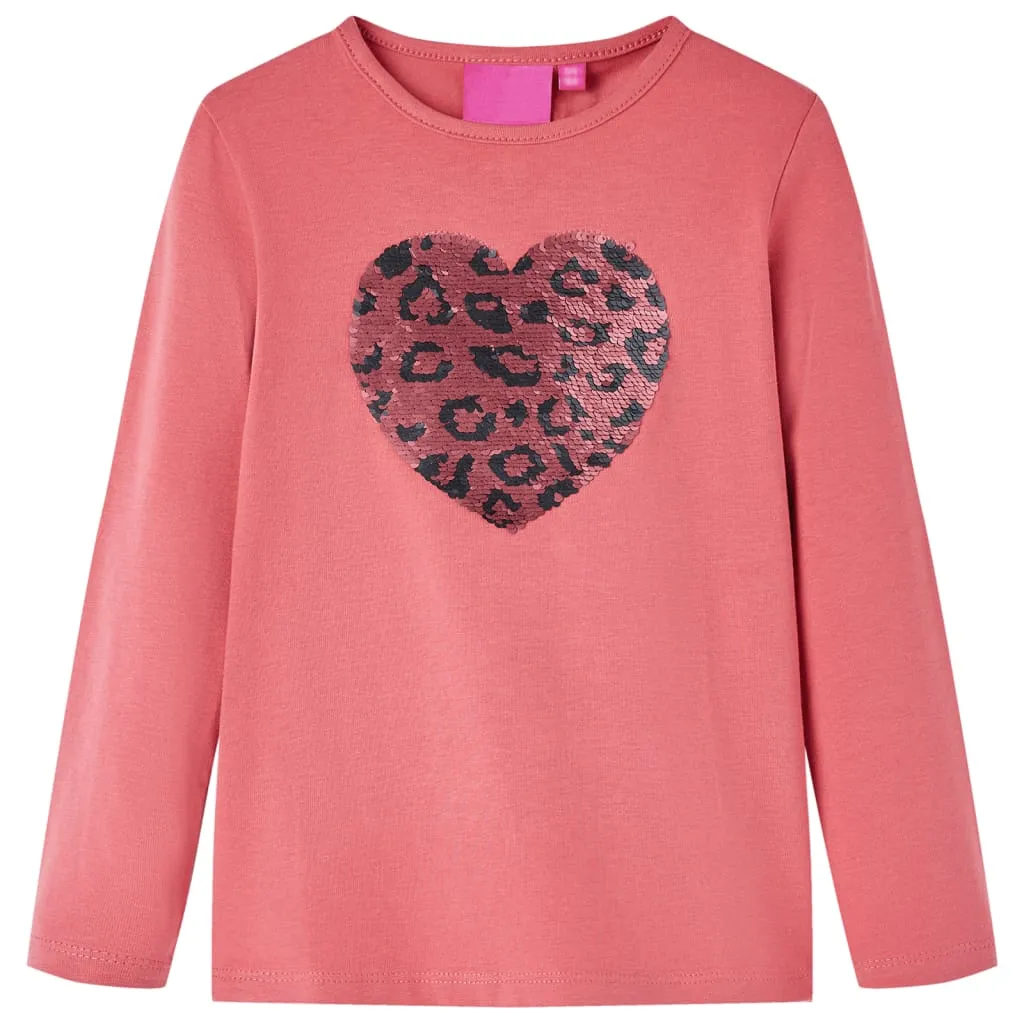 Maglietta Bambina Maniche Lunghe con Cuore Paillettes Rosa Antico 140