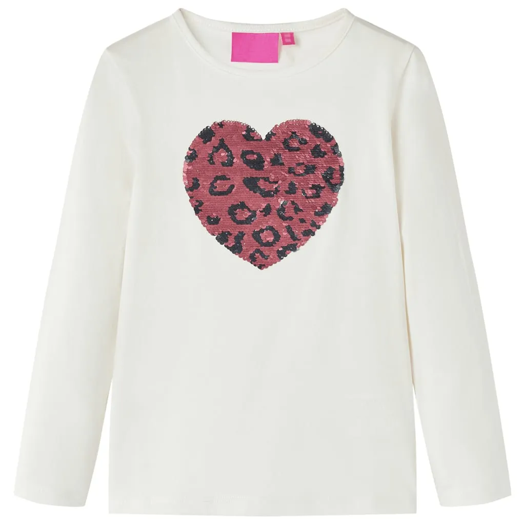 Maglietta da Bambina a Maniche Lunghe Design Cuore Paillettes Ecru 104