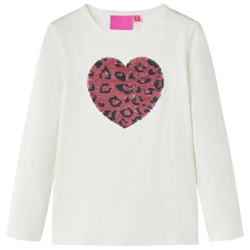 Maglietta da Bambina a Maniche Lunghe Design Cuore Paillettes Ecru 116