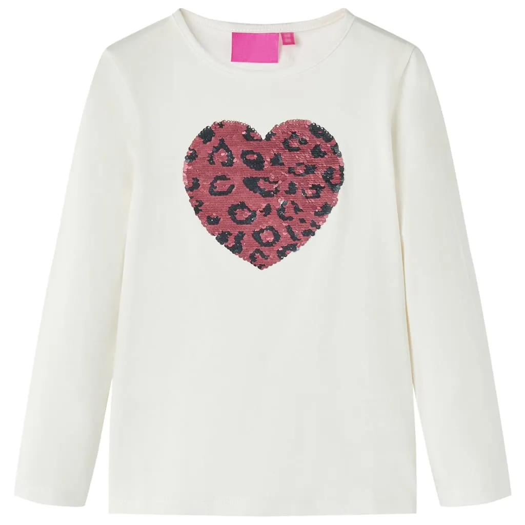 Maglietta da Bambina a Maniche Lunghe Design Cuore Paillettes Ecru 140