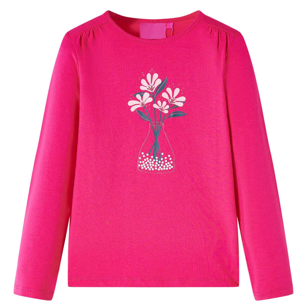 Maglietta da Bambina a Maniche Lunghe con Stampa Fiori Fucsia 104