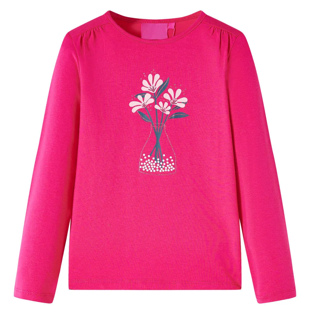 Maglietta da Bambina a Maniche Lunghe con Stampa Fiori Fucsia 116