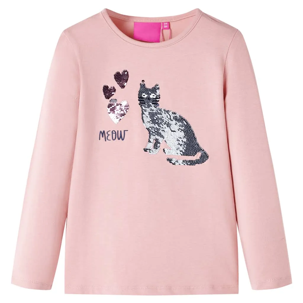 Maglietta Bambina Maniche Lunghe con Gatto Paillettes Rosa Chiaro 116