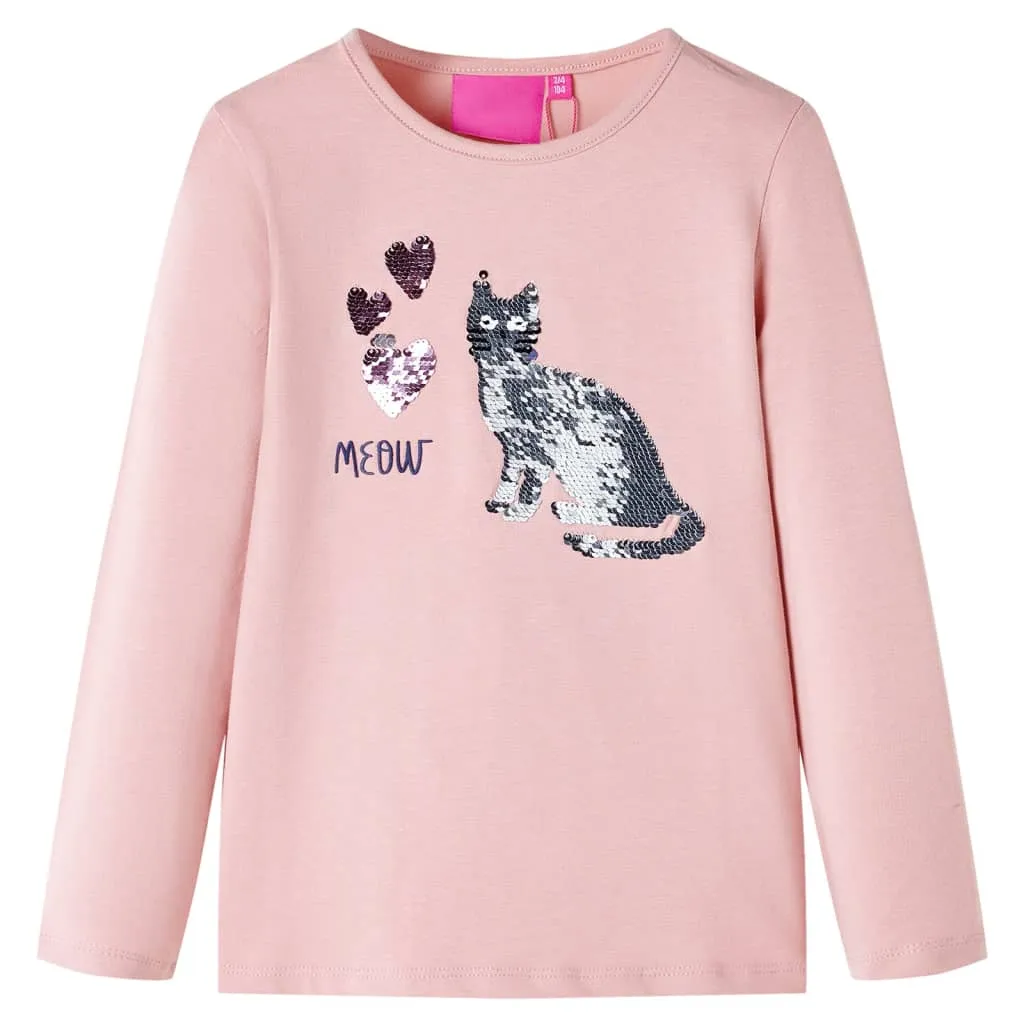 Maglietta Bambina Maniche Lunghe con Gatto Paillettes Rosa Chiaro 128