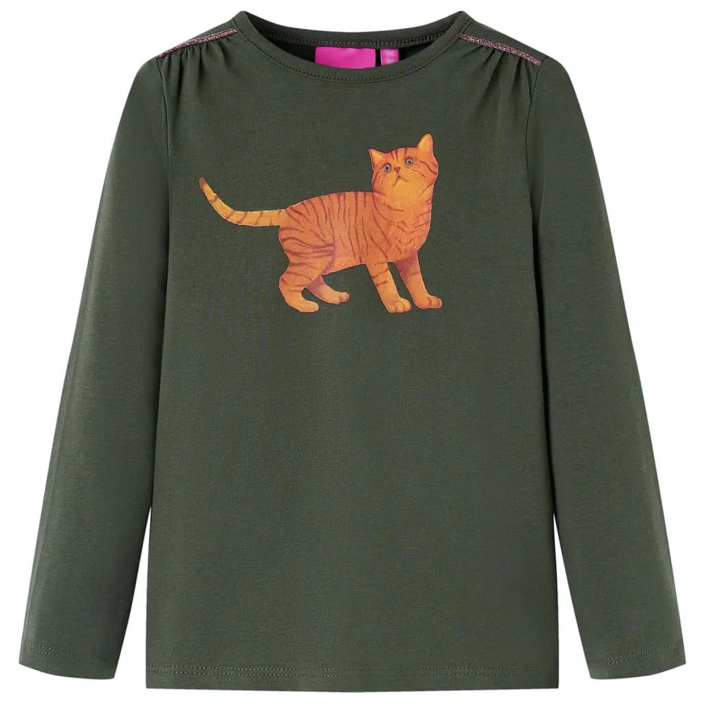 Maglietta da Bambina a Maniche Lunghe con Stampa Gatto Khaki 104