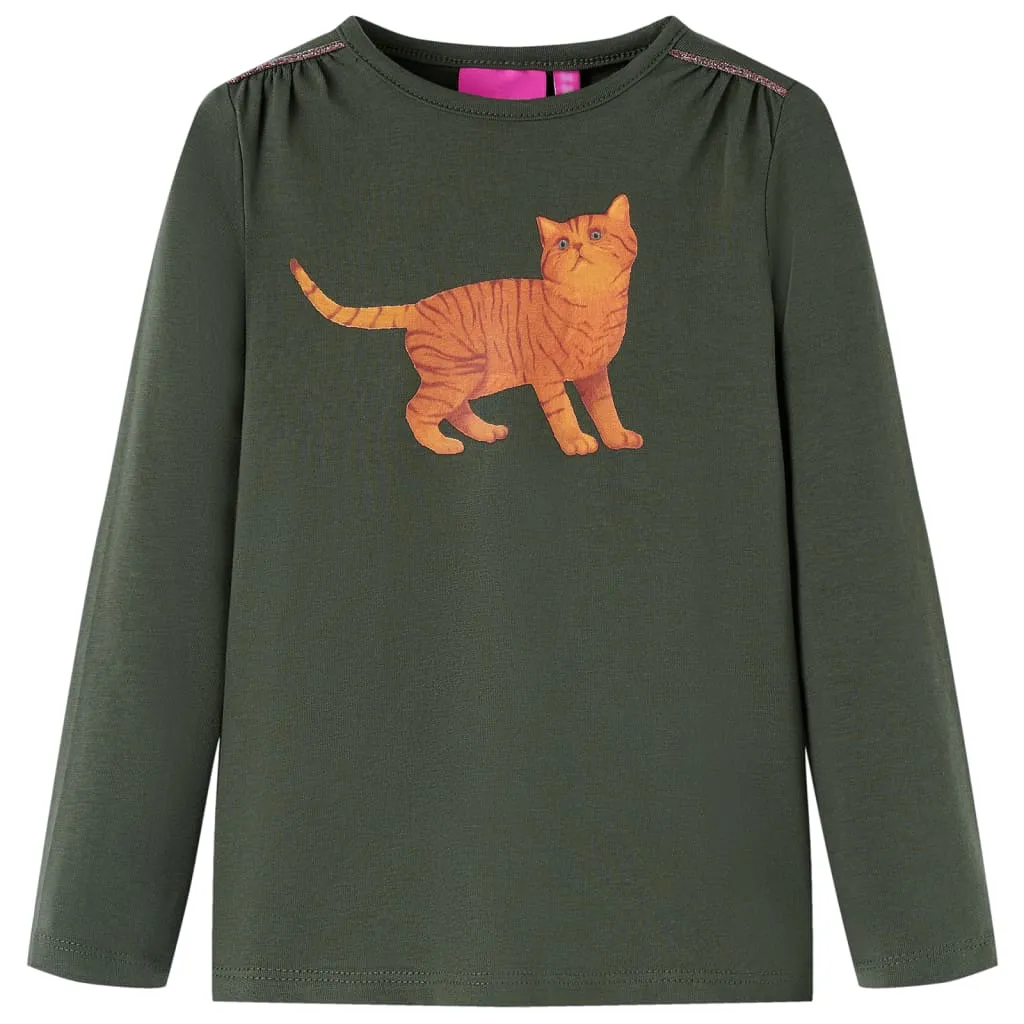 Maglietta da Bambina a Maniche Lunghe con Stampa Gatto Khaki 128