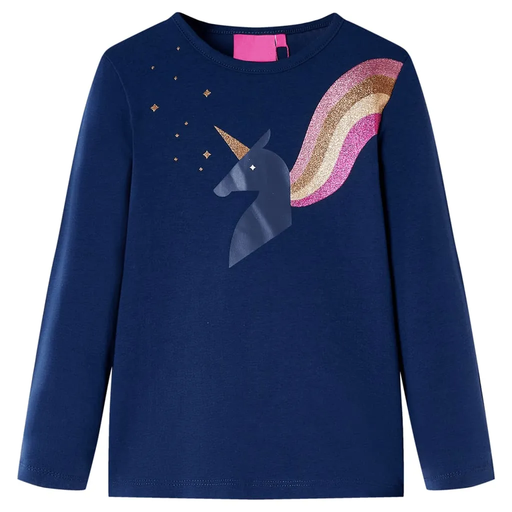 Maglietta da Bambina Maniche Lunghe con Design Unicorno Blu Marino 104