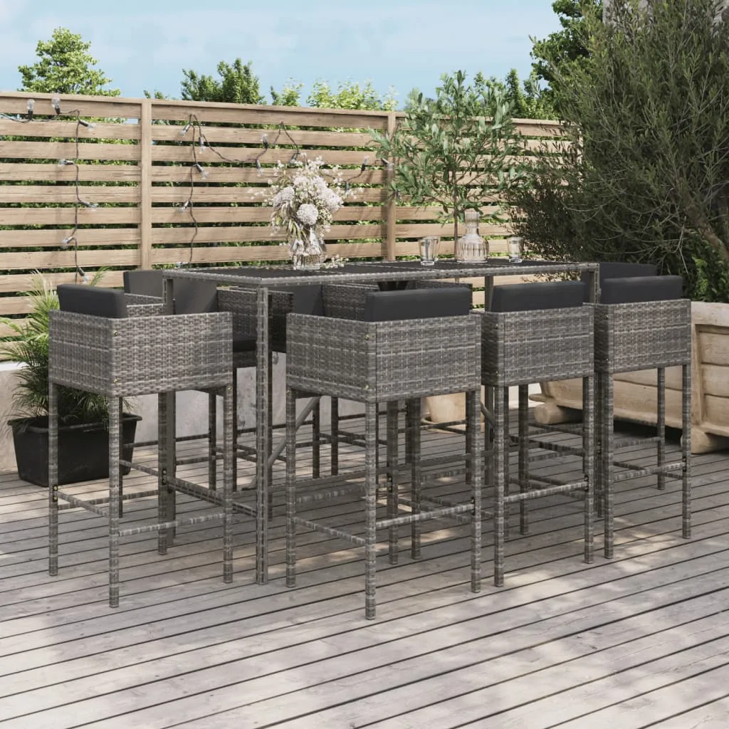 vidaXL Set Bar da Giardino 9 pz con Cuscini in Polyrattan Grigio