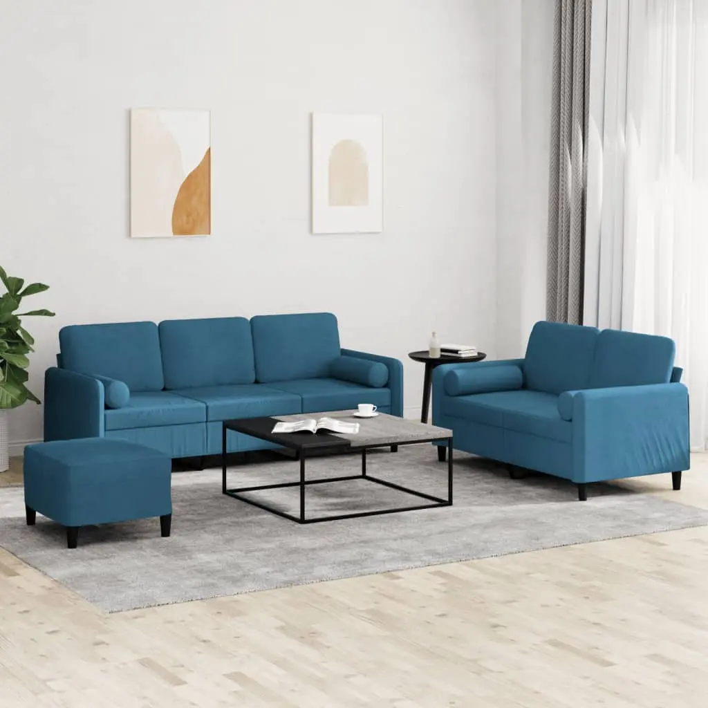 Set di Divani 3 pz con Cuscini Blu in Velluto