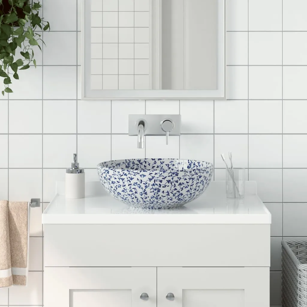 vidaXL Lavabo da Appoggio Bianco e Blu Rotondo Φ41x14 cm Ceramica