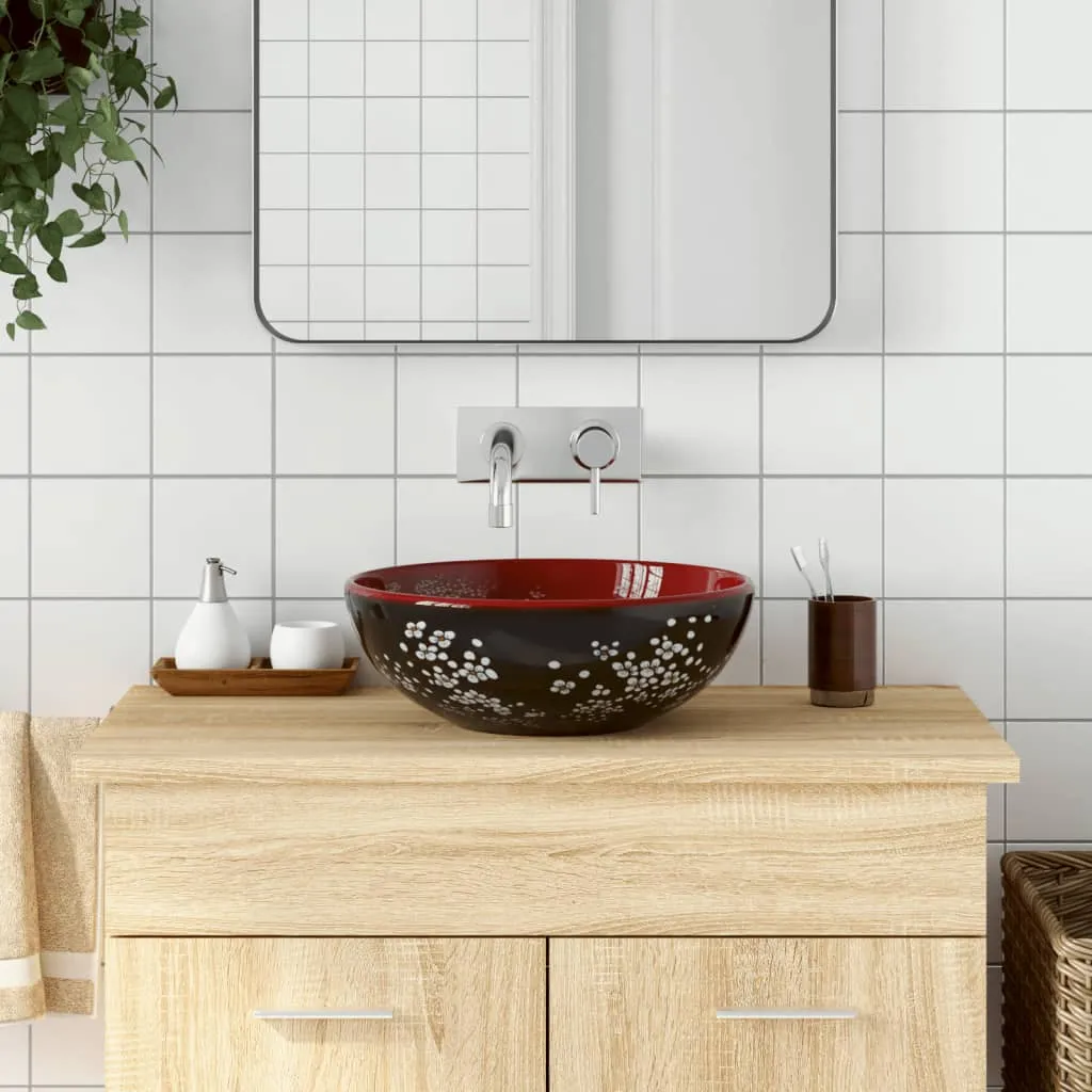 vidaXL Lavabo da Appoggio Nero e Rosso Rotondo Φ41x14 cm Ceramica