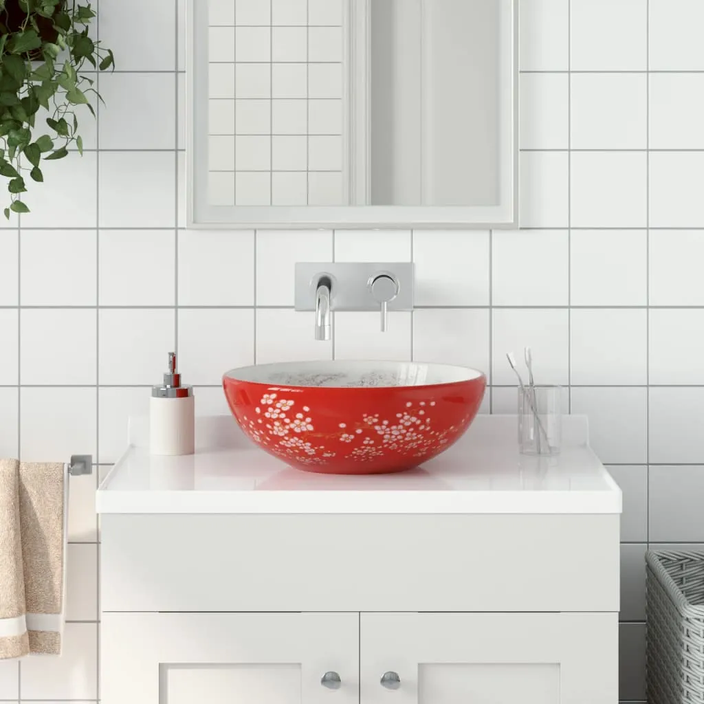 vidaXL Lavabo da Appoggio Bianco e Rosso Rotondo Φ41x14 cm Ceramica