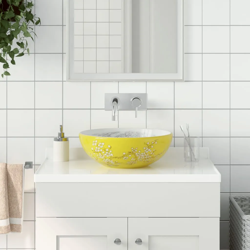 vidaXL Lavabo da Appoggio Bianco e Giallo Rotondo Φ41x14 cm Ceramica