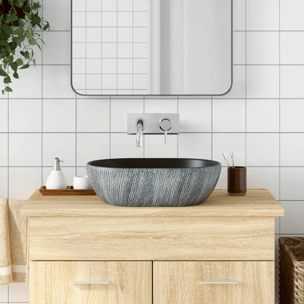 vidaXL Lavabo da Appoggio Nero e Grigio Ovale 47x33x13 cm Ceramica