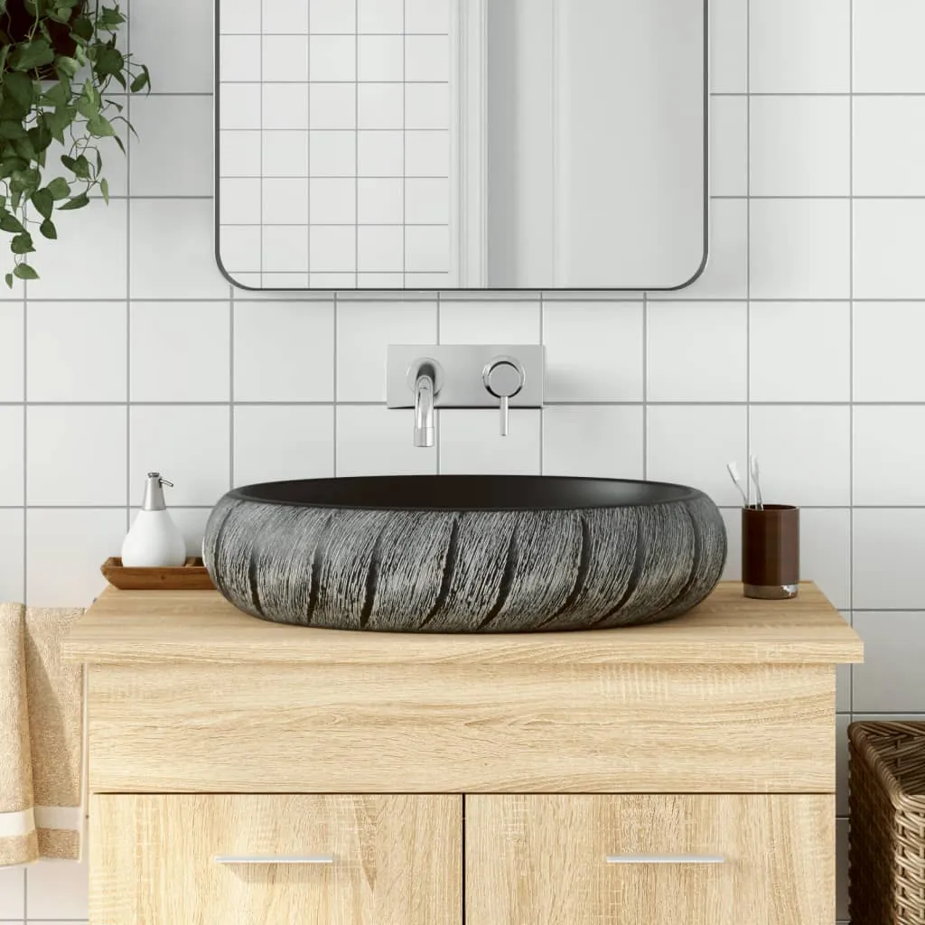 vidaXL Lavabo da Appoggio Nero e Grigio Ovale 59x40x15 cm Ceramica