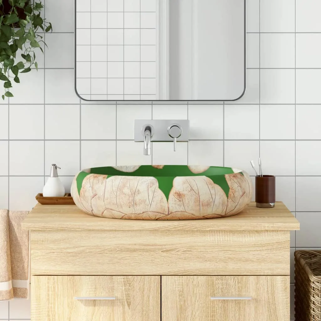 vidaXL Lavabo da Appoggio Verde e Marrone Ovale 59x40x15 cm Ceramica