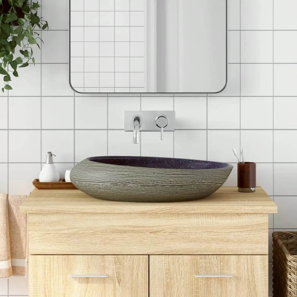 vidaXL Lavabo da Appoggio Viola e Grigio Ovale 59x40x14 cm Ceramica