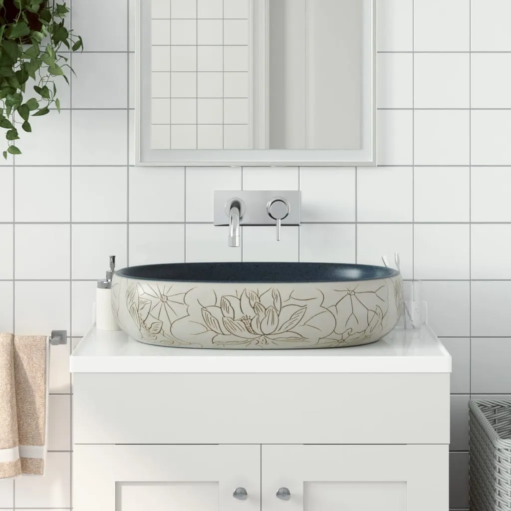 vidaXL Lavabo da Appoggio Sabbia e Blu Ovale 59x40x14 cm Ceramica