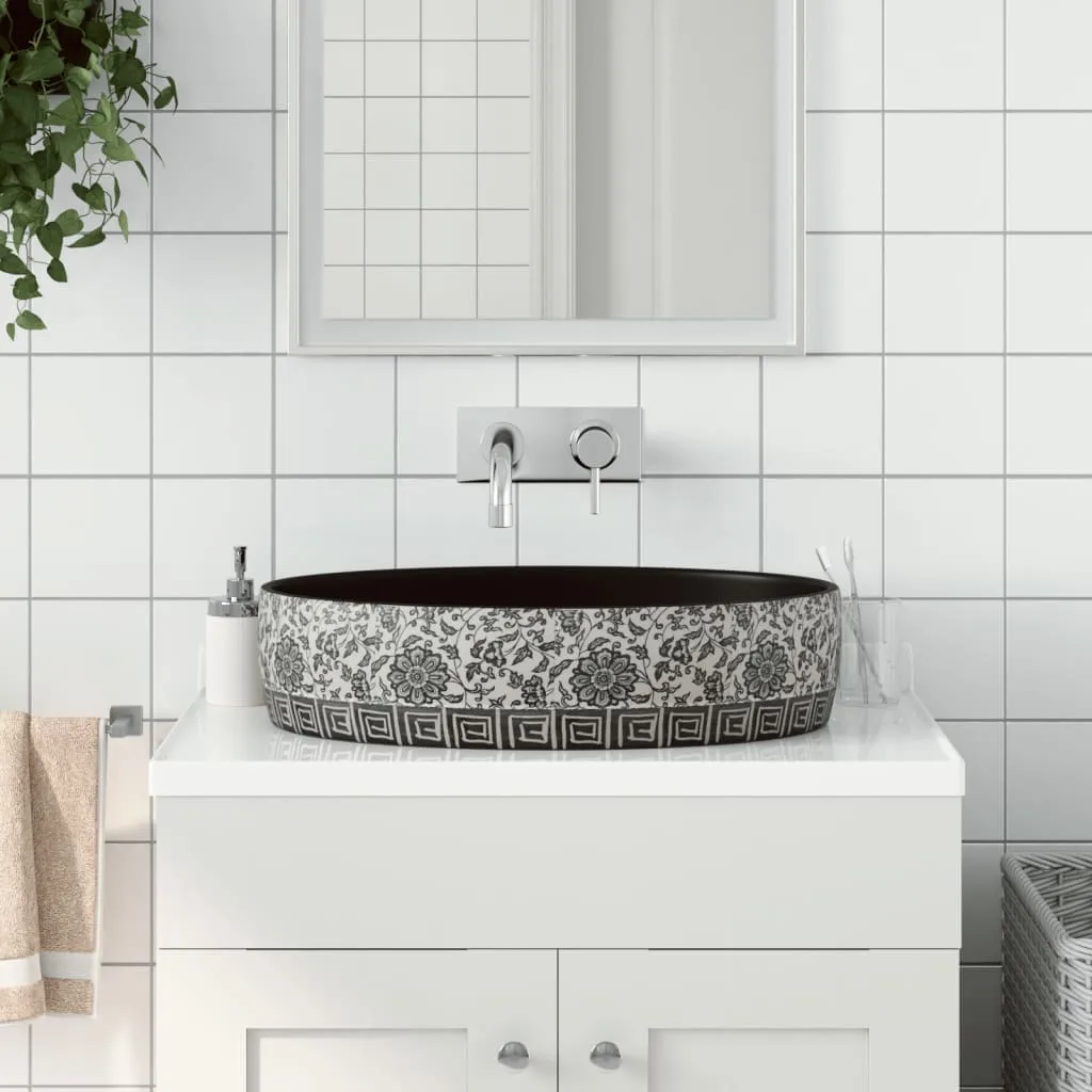 vidaXL Lavabo da Appoggio Nero e Blu Ovale 56,5x36,5x13,5 cm Ceramica