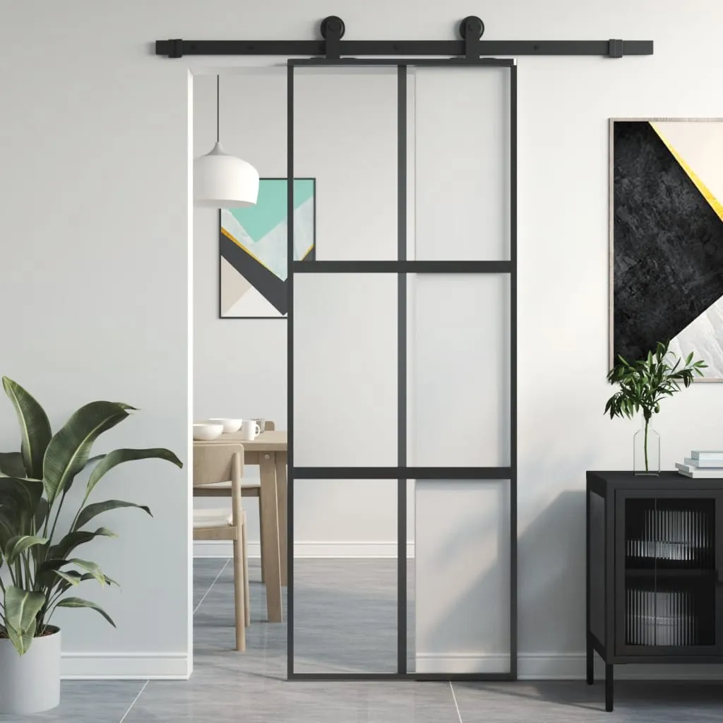 vidaXL Porta Scorrevole Nera 76x205 cm in Vetro Temperato e Alluminio