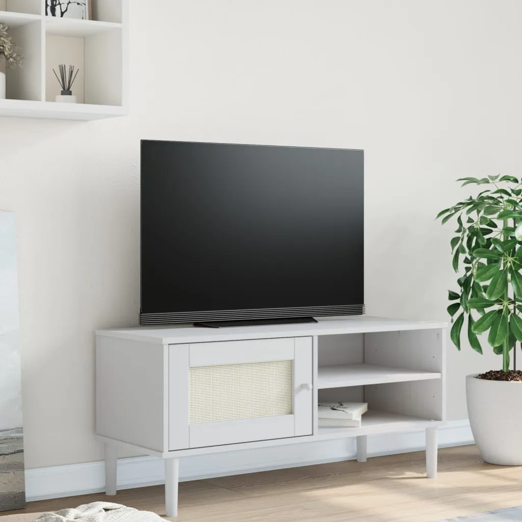 vidaXL Mobile TV SENJA Aspetto Rattan Bianco 106x40x49 Massello Pino