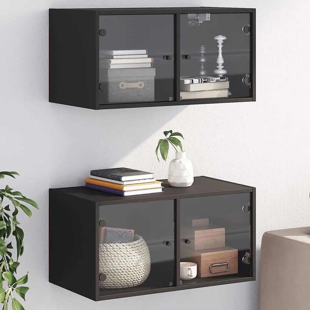 vidaXL Mobili a Muro con Ante in Vetro 2pz Nero 68,5x37x35 cm