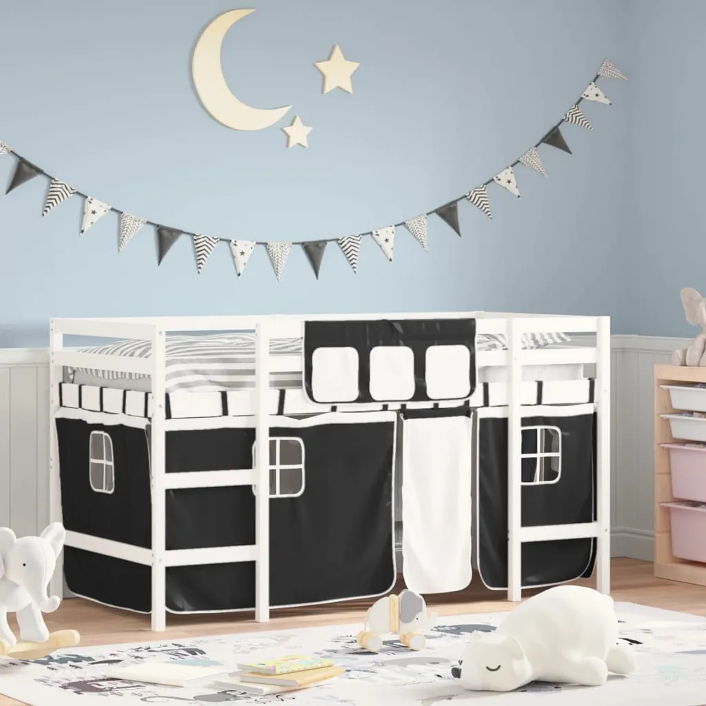 vidaXL Letto a Soppalco Bambini con Tende Bianco e Nero 90x190 cm Pino