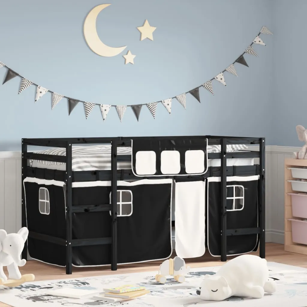 vidaXL Letto a Soppalco Bambini con Tende Bianco e Nero 90x190 cm Pino